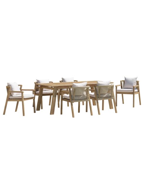 Ensemble de salon de jardin EN BOIS ACACIA 6/8 pers - 1 table rectangulaire, 6 fauteuils acacia et cordage synthétique beige