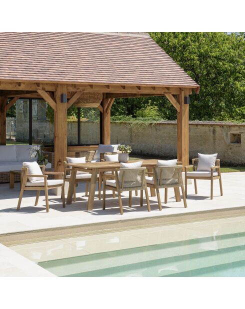 Ensemble de salon de jardin EN BOIS ACACIA 6/8 pers - 1 table rectangulaire, 6 fauteuils acacia et cordage synthétique beige