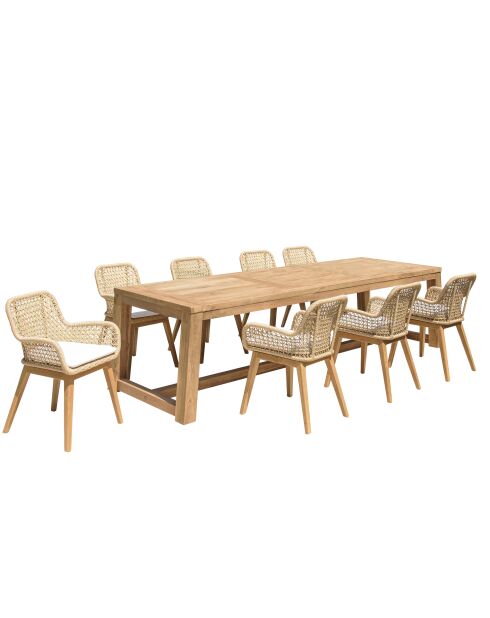 Gartenmöbelset für 8/10 Personen — 1 rechteckiger Esstisch und 8 gepolsterte Gartenstühle — Beige und Weiß