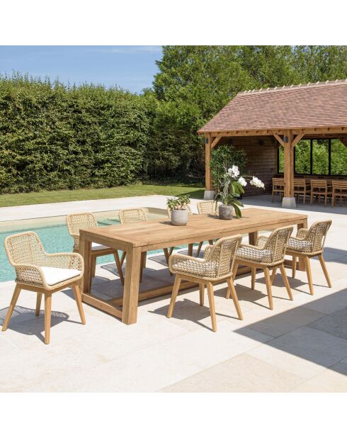 Gartenmöbelset für 8/10 Personen — 1 rechteckiger Esstisch und 8 gepolsterte Gartenstühle — Beige und Weiß