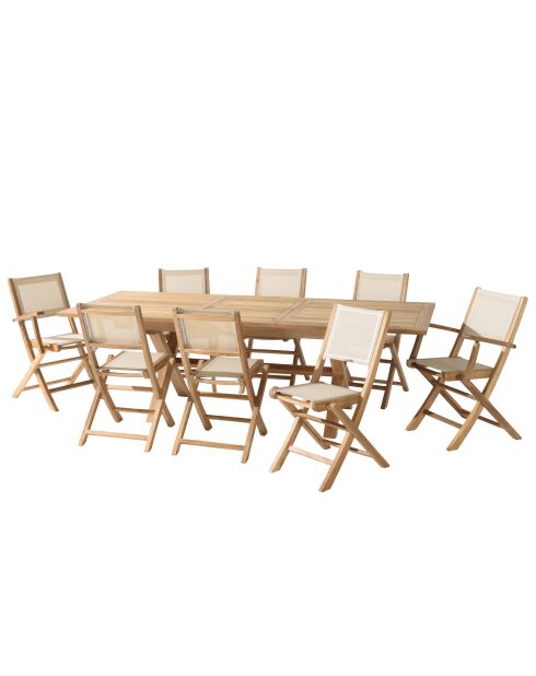 Tuinmeubelset voor 10/12 personen - 1 uitschuifbare rechthoekige tafel, 6 stoelen en 2 beige fauteuils
