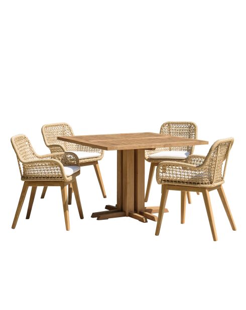 Loungeset voor 4 personen in de tuin - 1 vierkante eettafel en 4 tuinstoelen met kussens - beige en wit