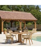 Set lounge da giardino per 4 persone, 1 tavolo da pranzo quadrato e 4 sedie da giardino imbottite, beige e bianco