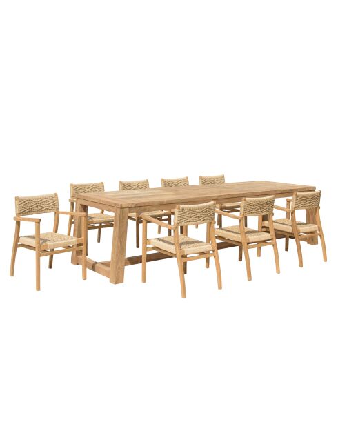 Tuinmeubelset voor 8/10 personen - 1 rechthoekige eettafel en 8 beige tuinstoelen met ruitpatroon