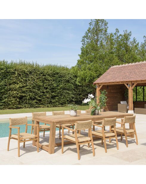 Tuinmeubelset voor 8/10 personen - 1 rechthoekige eettafel en 8 beige tuinstoelen met ruitpatroon