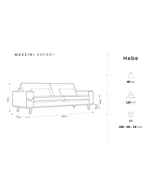 Hebe 3-Sitzer-Samtsofa Dunkelgrau - 236x93x83 cm