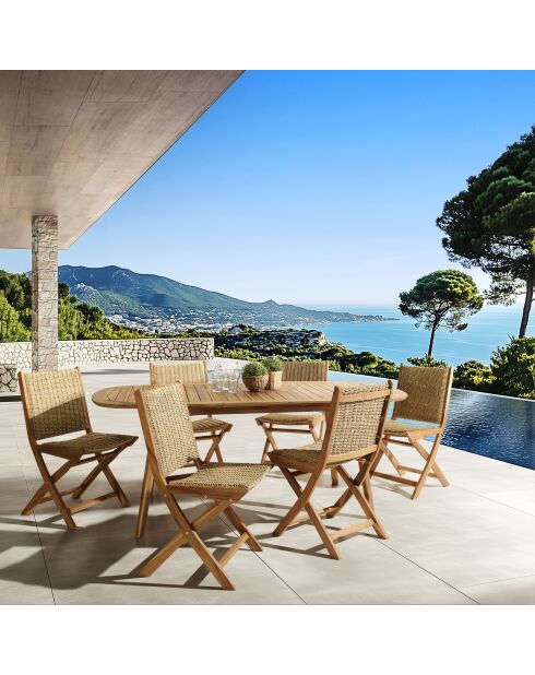 Phuket 6-Sitzer-Gartenmöbelset — 1 ausziehbarer Gartentisch aus geölter Akazienholz — 6 Klappstühle — Beige