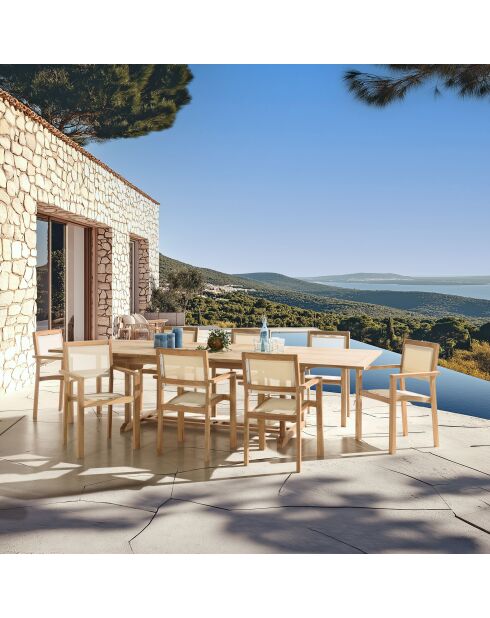 Juego de muebles de jardín para 10/12 personas: 1 mesa rectangular extensible y 8 sillones de color beige