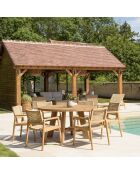 Gartenmöbelset für 4/6 Personen — 1 runder Esstisch und 6 beigefarbene Gartenstühle