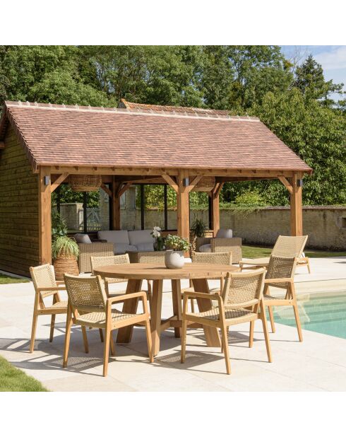 Gartenmöbelset für 4/6 Personen — 1 runder Esstisch und 6 beigefarbene Gartenstühle