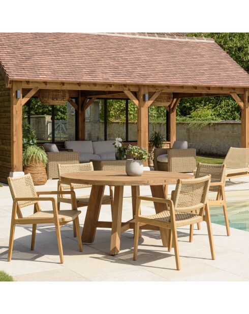 Ensemble de salon de jardin 4 personnes - 1 table à manger ronde naturelle et 4 fauteuils de jardin beige