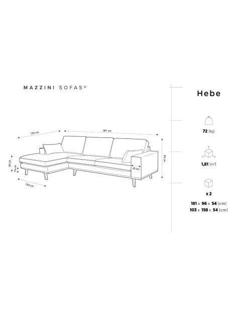 Hebe 4-Sitzer-Ecksofa aus Samt links Dunkelgrau - 281x154x83 cm