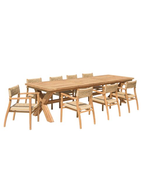 Tuinmeubelset voor 8/10 personen - 1 rechthoekige eettafel en 8 beige tuinstoelen met ruitpatroon