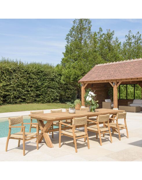 Tuinmeubelset voor 8/10 personen - 1 rechthoekige eettafel en 8 beige tuinstoelen met ruitpatroon