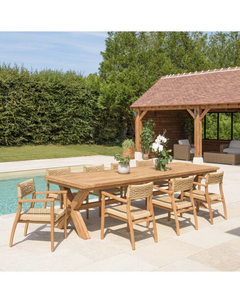 Tuinmeubelset voor 8/10 personen - 1 rechthoekige eettafel en 8 beige tuinstoelen met ruitpatroon