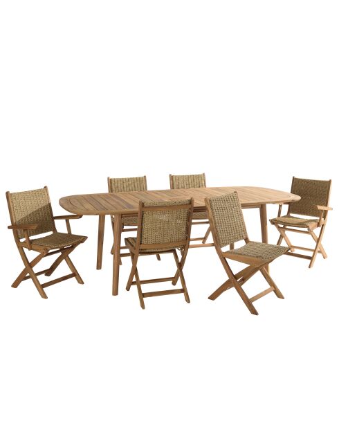 6-Sitzer-Gartenmöbelset Cancun — 1 ausziehbarer Gartentisch aus geölter Akazie — 4 Stühle und 2 Klappstühle — Beige