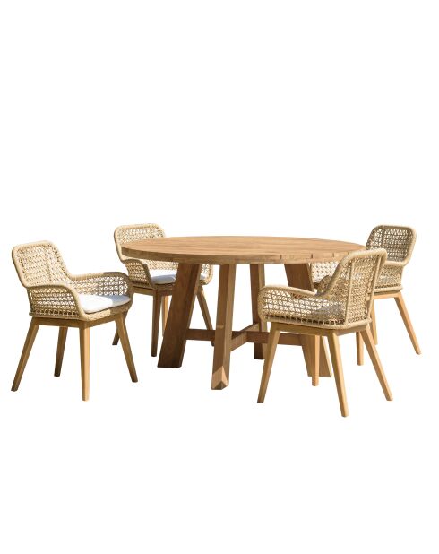 Gartenmöbelset für 4 Personen — 1 runder Esstisch und 4 Gartenstühle sowie weißes Kissen