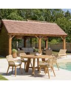 Gartenmöbelset für 4 Personen — 1 runder Esstisch und 4 Gartenstühle sowie weißes Kissen