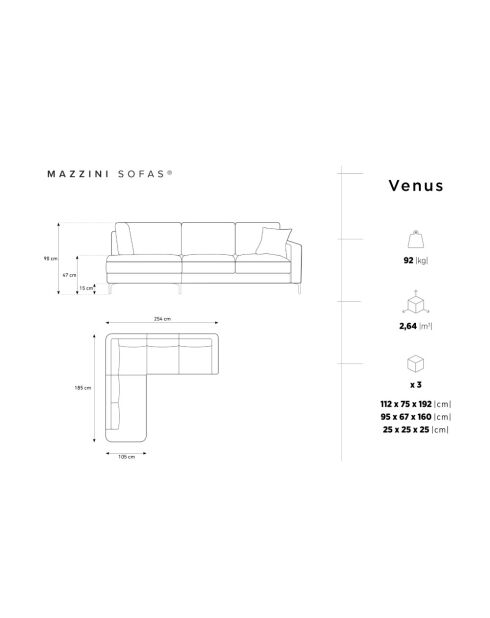 Divano angolare sinistro Venus 5 posti in velluto Nero - 254x185x90 cm