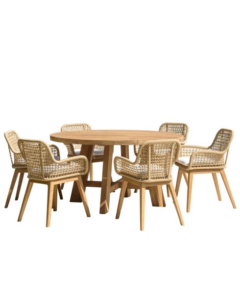 Gartenmöbelset für 4/6 Personen — 1 runder Esstisch und 6 Gartenstühle und Kissen — beige und weiß