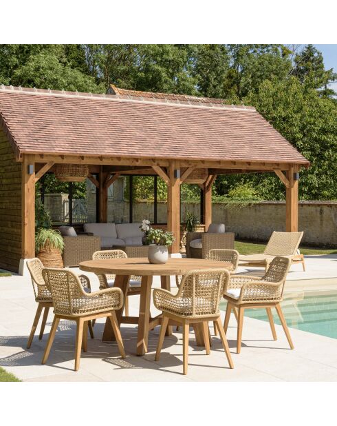 Gartenmöbelset für 4/6 Personen — 1 runder Esstisch und 6 Gartenstühle und Kissen — beige und weiß