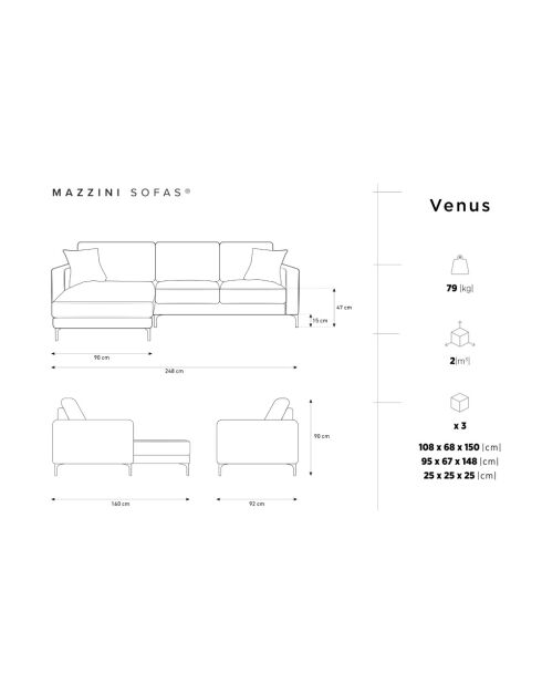 Venus 4-Sitzer-Ecksofa rechts aus Samt Königsblau - 248x160x90 cm