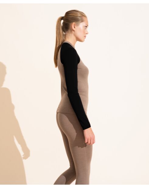 Top girocollo in lana merino senza cuciture Albane taupe/nero L