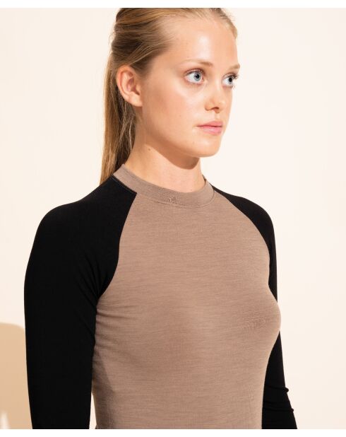 Top girocollo in lana merino senza cuciture Albane taupe/nero L