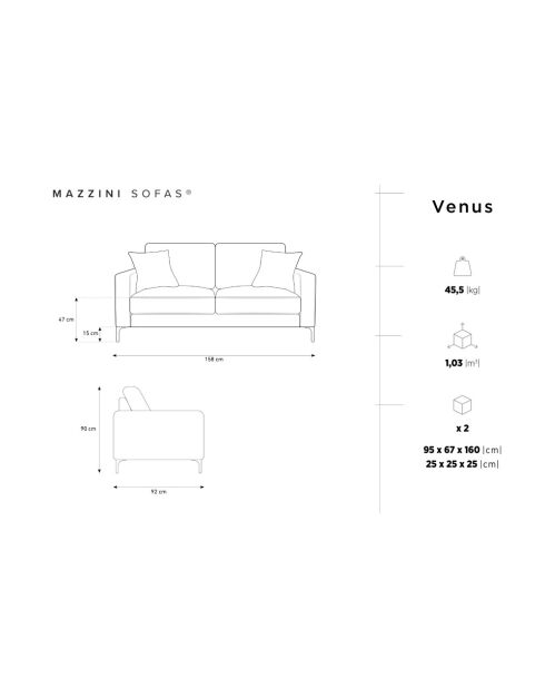 Venus 2-Sitzer-Samtsofa Hellgrau - 158x92x90 cm