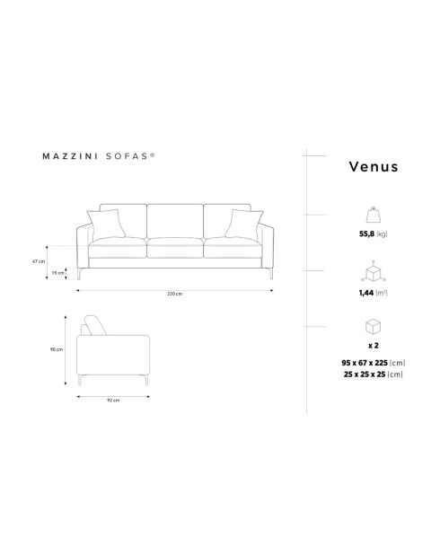 Venus 3-Sitzer-Samtsofa Grün - 220x92x90 cm
