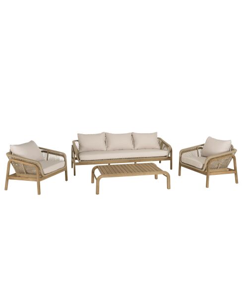 Salon de jardin 5 places en acacia et cordage synthétique beige