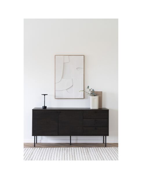 Buffet Kyoto 3 tiroirs 2 portes placage chêne fumé pieds en métal noir - 40x150x74 cm