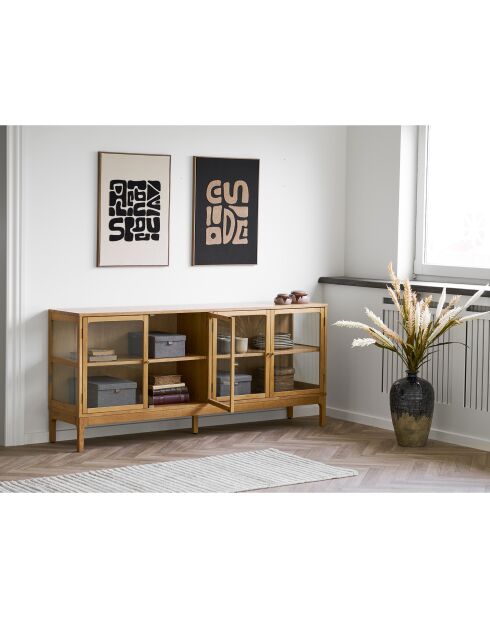 Buffet Zamora 4 portes vitrées 1 étagère chêne/placage chêne/verre trempé naturel - 180x40x80 cm