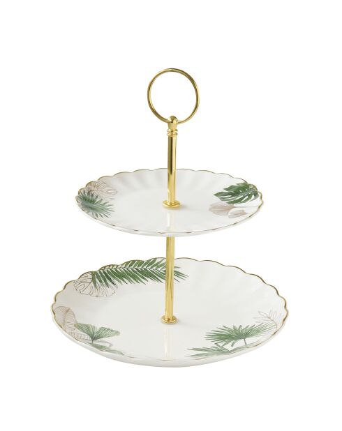 Plat à gâteau deux étages en porcelaine EXOTIQUE blanc/vert - D.16/21 cm