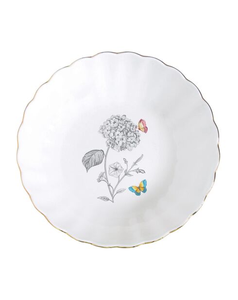 Set van 4 witte porseleinen soepborden met BLOEMEN EN VLINDERS - D.20 cm
