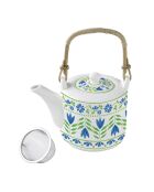 Théière en porcelaine avec infuseur et 2 tasses motif FLOWERS GARDEN vert/bleu - 600 ml/160 ml