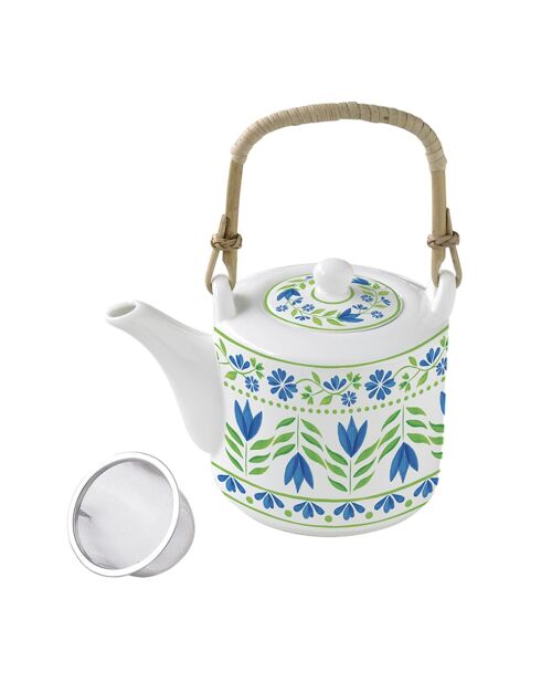 Théière en porcelaine avec infuseur et 2 tasses motif FLOWERS GARDEN vert/bleu - 600 ml/160 ml