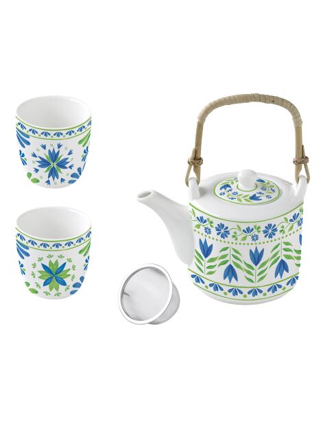 Théière en porcelaine avec infuseur et 2 tasses motif FLOWERS GARDEN vert/bleu - 600 ml/160 ml