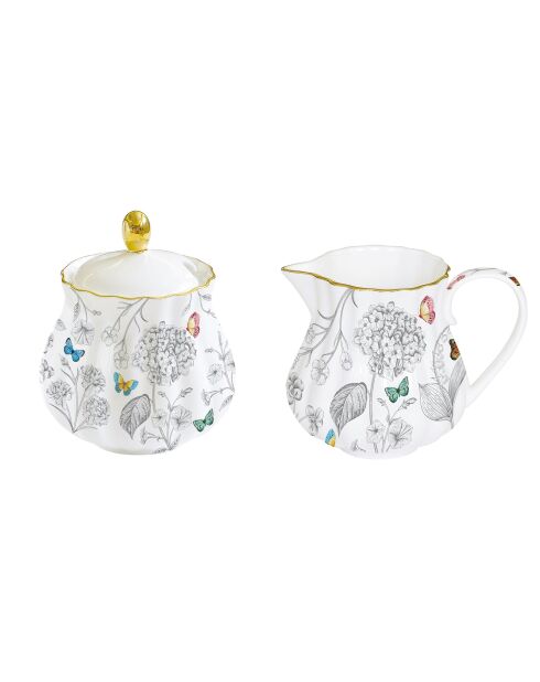 Pot à lait et sucrier en porcelaine FLEURS ET PAPILLONS multicolores