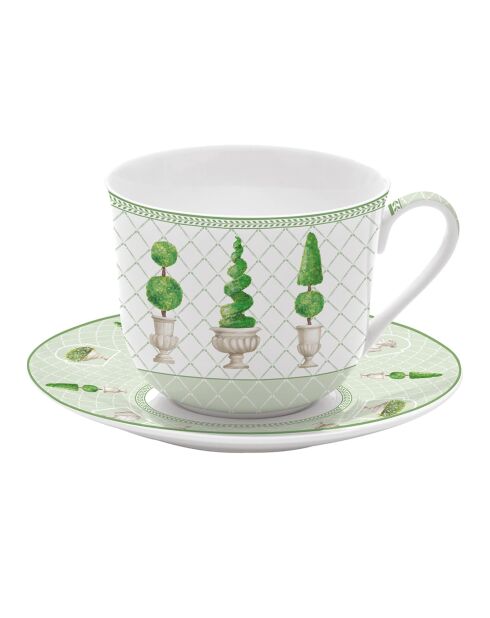 Taza y platillo de desayuno de porcelana, en caja TOPIARY multicolor, 370 ml