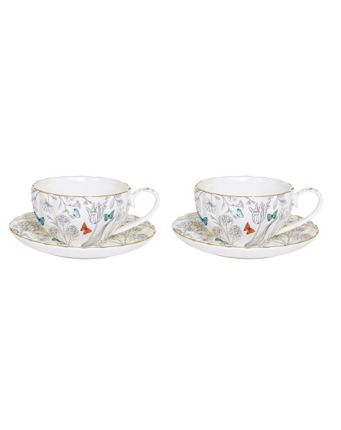 Set di 2 tazze e piattini da caffè in porcellana in una scatola colorata FIORI E FARFALLE MULTICOLOR - 100 ml