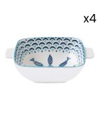 Lot de 4 bols en porcelaine avec anses SEA SHORE blanc/bleu - 15x12 cm