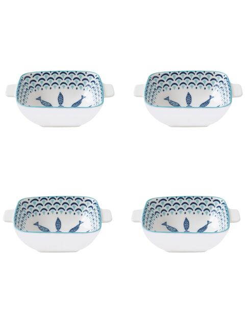 Lot de 4 bols en porcelaine avec anses SEA SHORE blanc/bleu - 15x12 cm