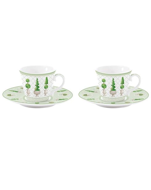 Juego de 2 tazas y platillos de café de porcelana, presentado en una caja TOPIARY multicolor de 80 ml