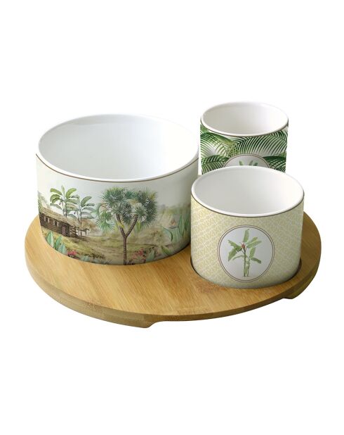 Set de aperitivo redondo de bambú con 3 cuencos de porcelana de CEILÁN multicolor