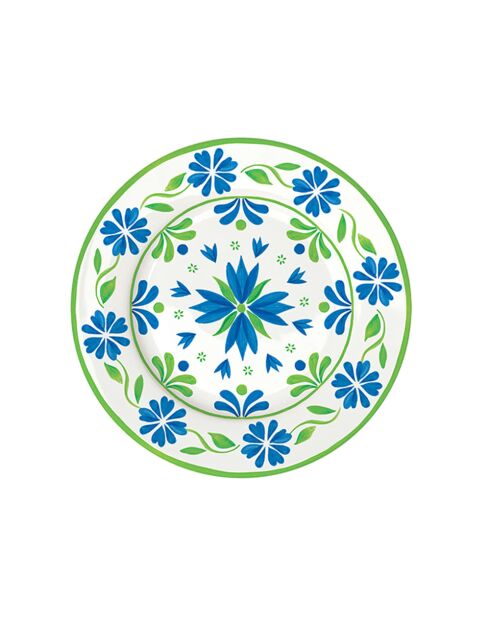 Set aus 4 Desserttellern aus Porzellan, FLOWERS GARDEN-Muster grün/blau - D.19 cm