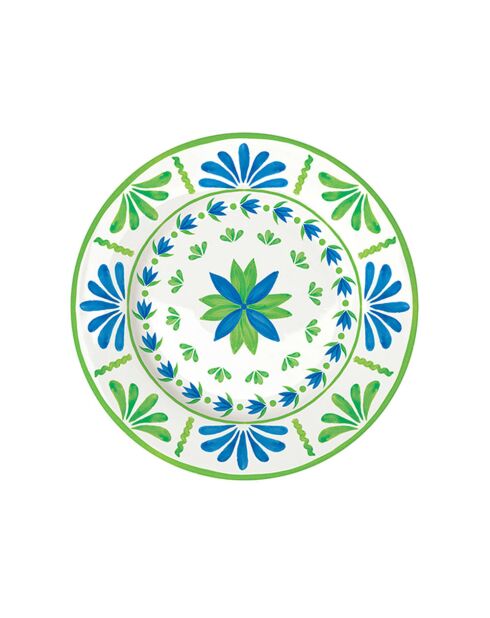 Set aus 4 Desserttellern aus Porzellan, FLOWERS GARDEN-Muster grün/blau - D.19 cm