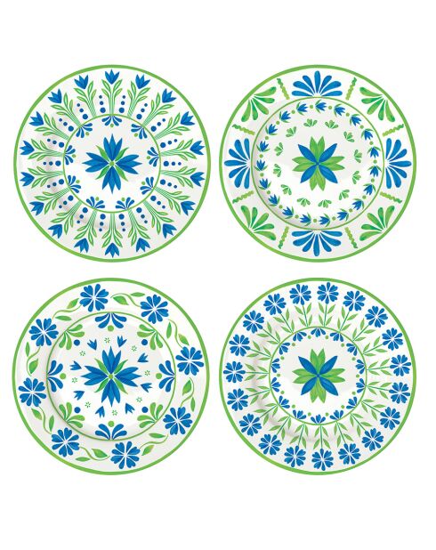 Set aus 4 Desserttellern aus Porzellan, FLOWERS GARDEN-Muster grün/blau - D.19 cm