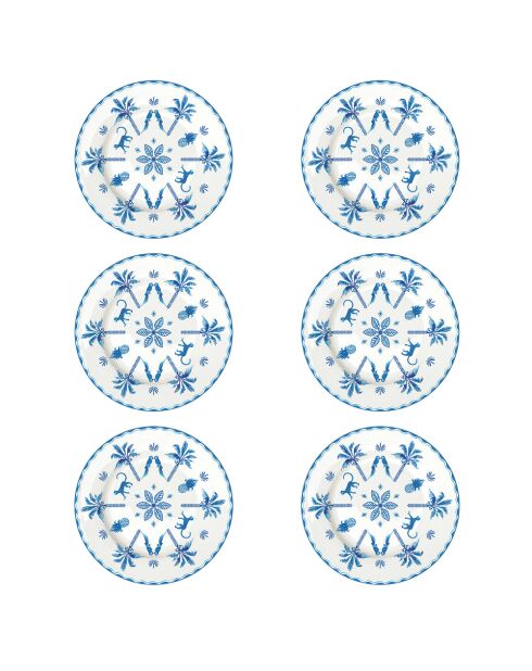 Set van 6 blauwe EXOTIC VIBES ambiance dessertborden - D.19 cm