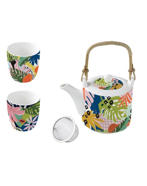 Théière en porcelaine avec infuseur et 2 tasses TROPICAL VIBES multicolore - 600 ml/160 ml
